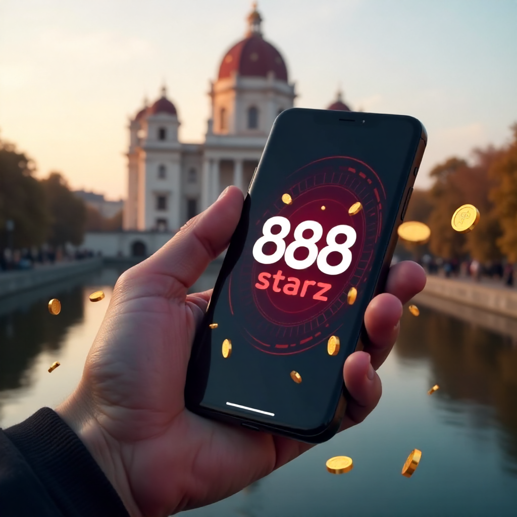 A premium smartphone held in a hand featuring the 888starz app, with the Palace of Culture and Science in Warsaw in the background, official red and white brand colors, 3D flying golden coins and roulette elements, cinematic lighting, 8k.